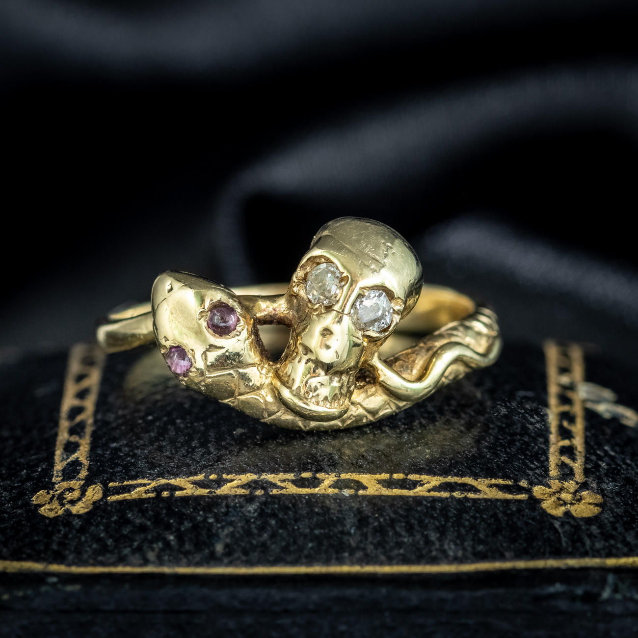Georgian Style Memento Mori Skull And Snake Ring Diamond Eyes