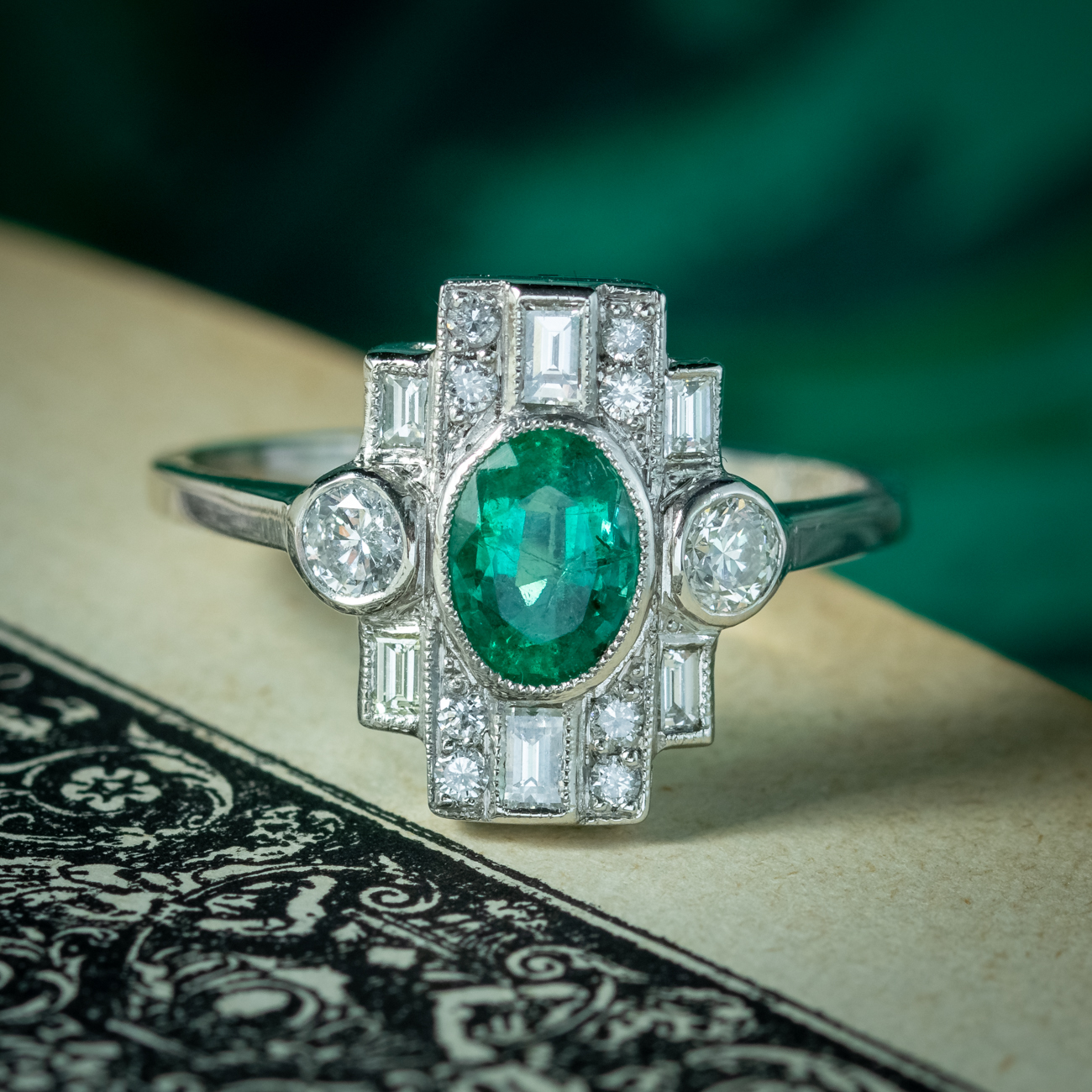 Art Deco Style Emerald Diamond Cluster Ring 0.75ct Emerald