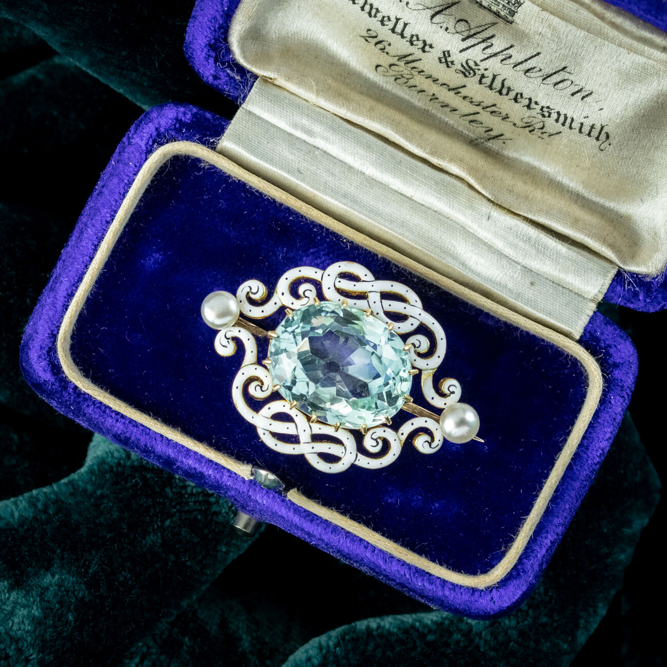 Antique Edwardian Aquamarine Pearl Enamel Brooch 9.5ct Aqua