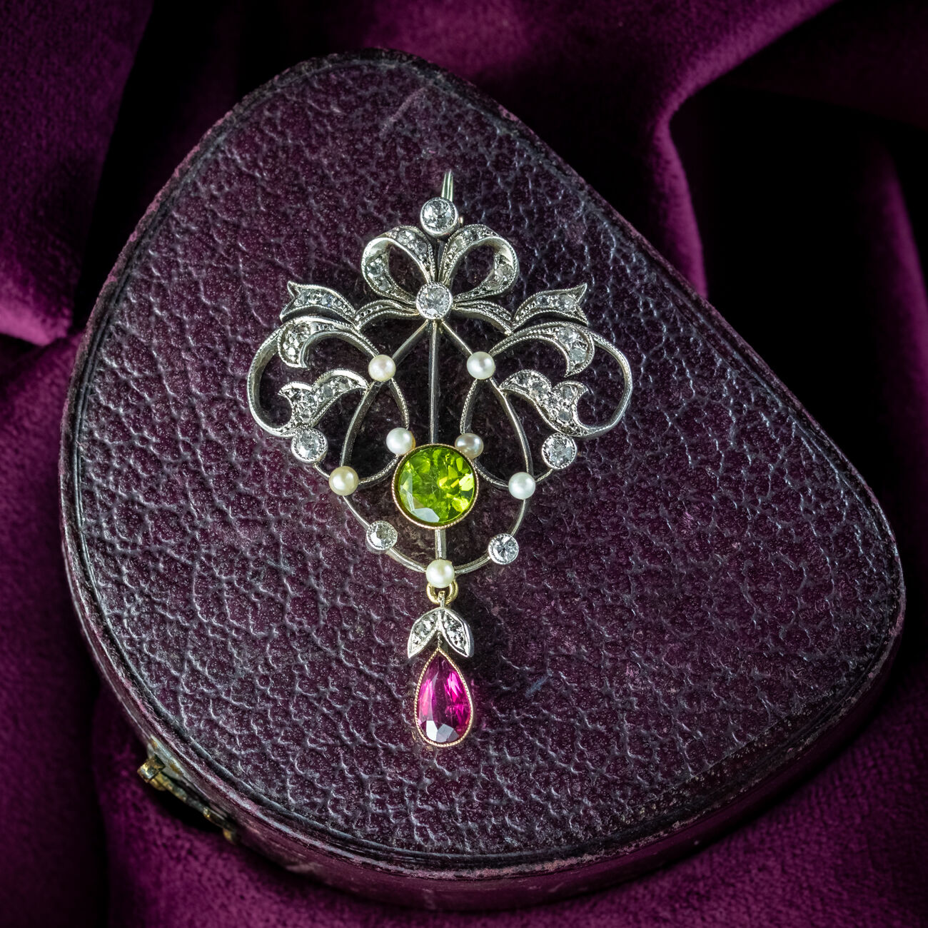 Antique Art Deco Suffragette Pendant Peridot Garnet Diamond Pearl