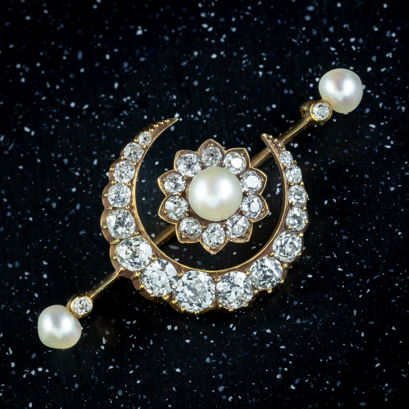 Antique Victorian Diamond Pearl Crescent Flower Brooch 3.2ct Of Diamond