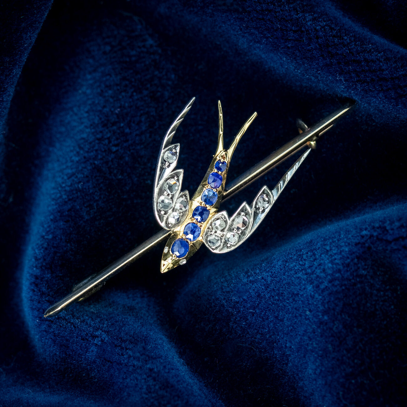 Vintage Sapphire Diamond Swallow Brooch 15ct Gold