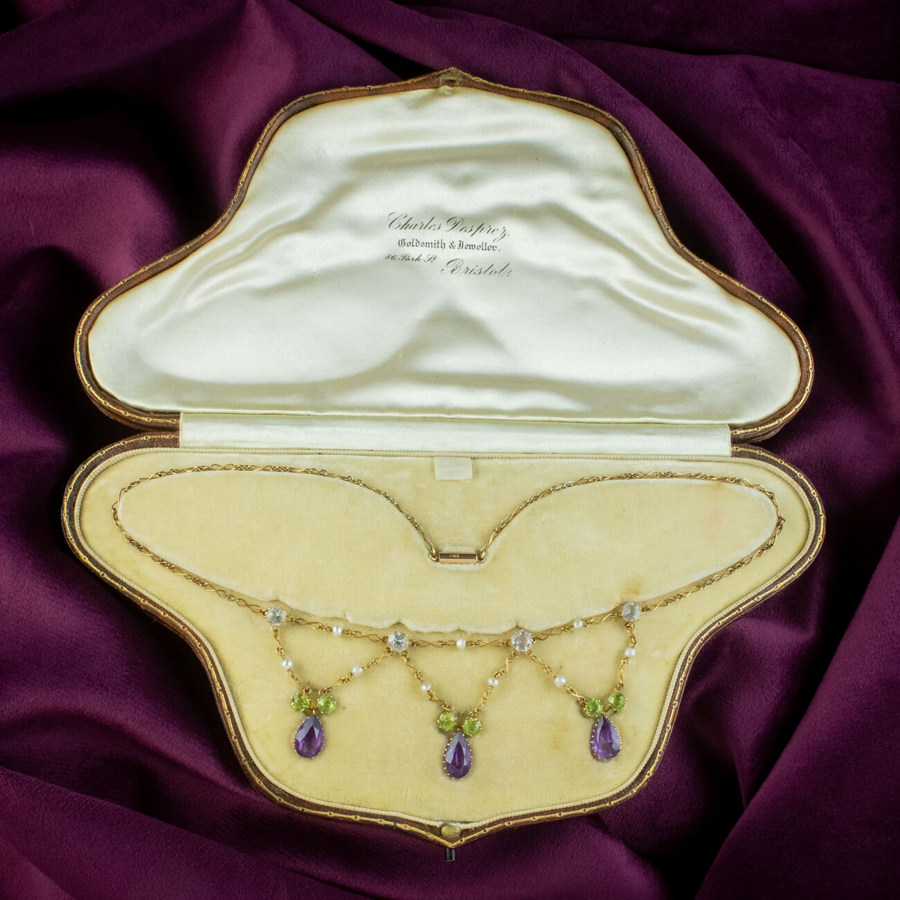 Antique Edwardian Suffragette Amethyst Pearl Peridot Festoon Necklace With Box