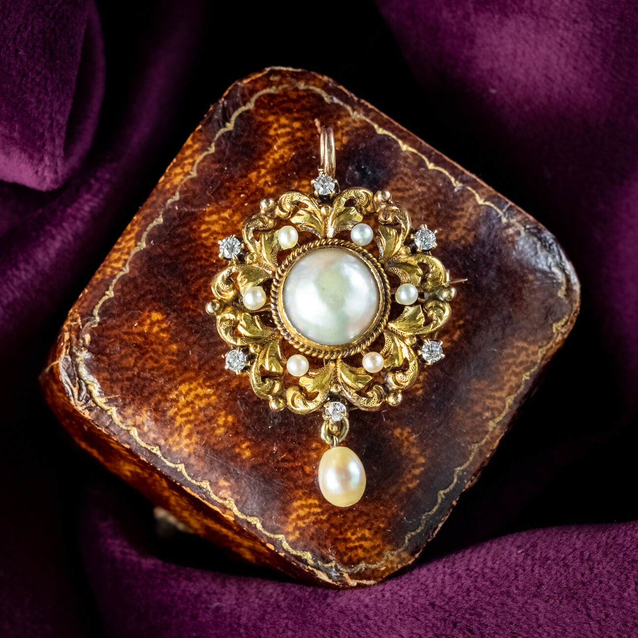 Antique Victorian Pearl Diamond Pendant Brooch 18ct Gold