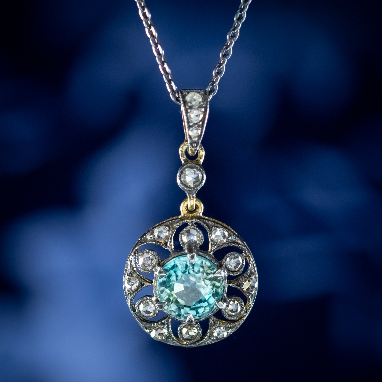 Antique Edwardian Blue Zircon Diamond Pendant Necklace