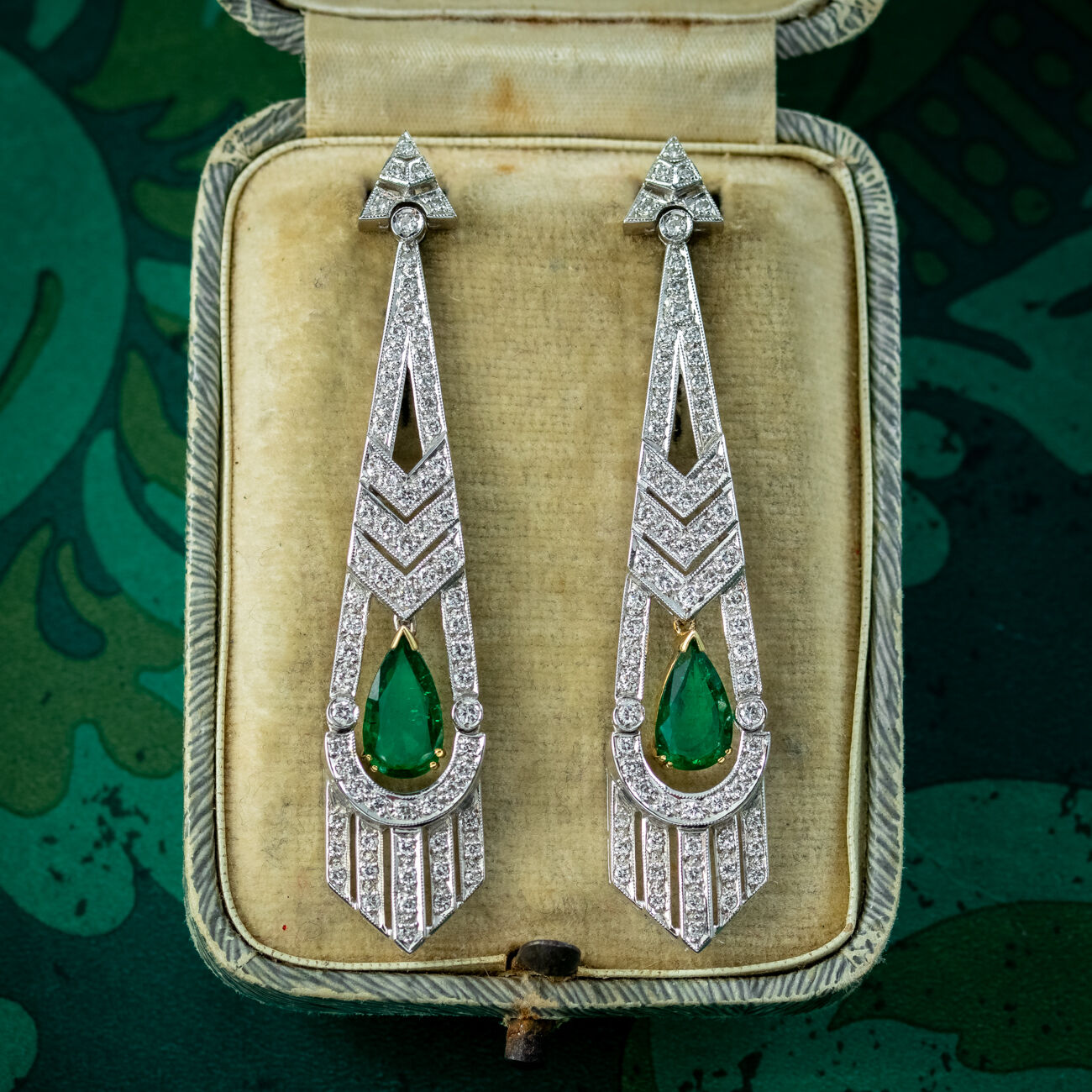 Vintage Art Deco Style Emerald Diamond Drop Earrings 3ct Of Emerald Dated 1989
