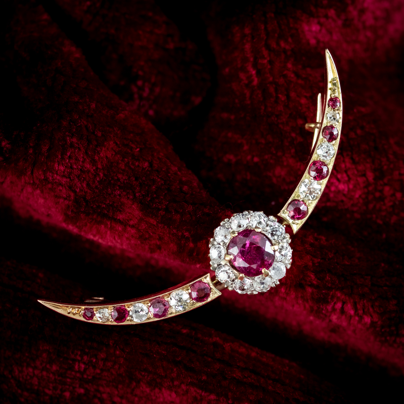 Antique Victorian Ruby Diamond Crescent Moon Brooch 1ct Of Ruby