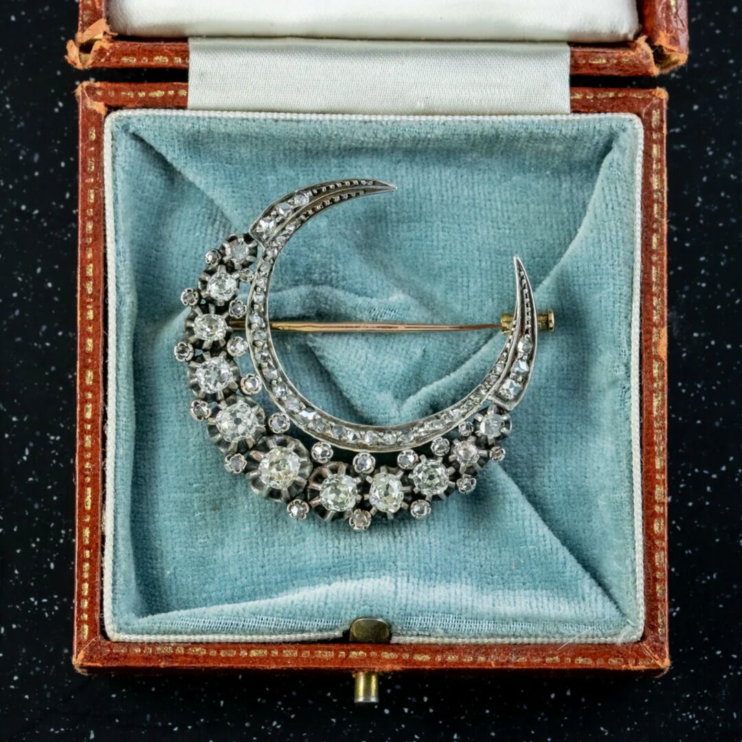 Antique Victorian French Diamond Crescent Moon Brooch 6ct Of Diamond With Box