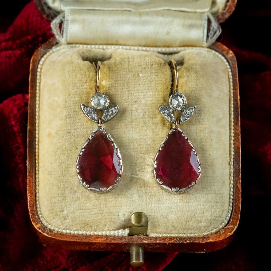 Georgian Style Flat Cut Garnet Diamond Earrings