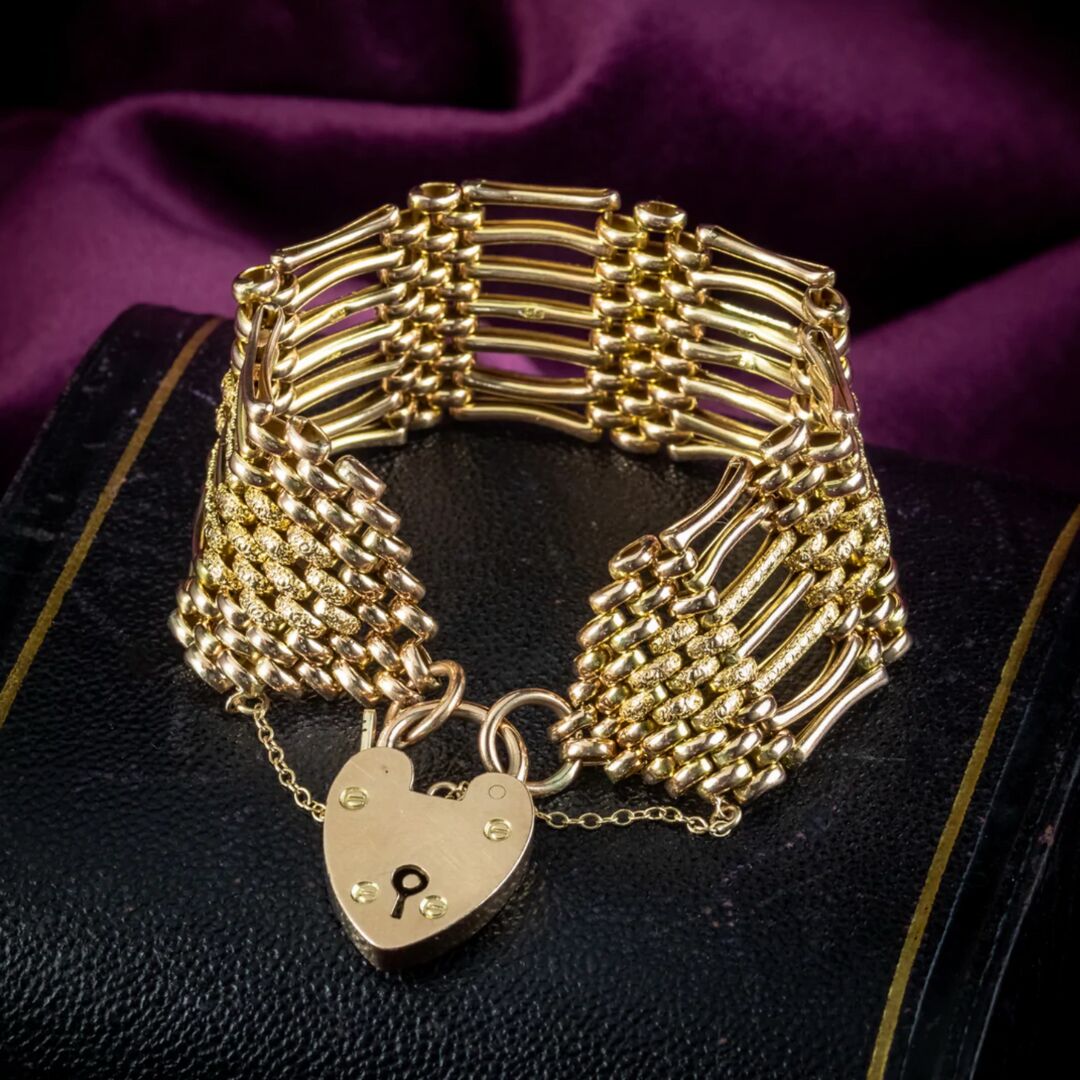 Antique Victorian 9ct Gold Gate Bracelet And Heart Padlock