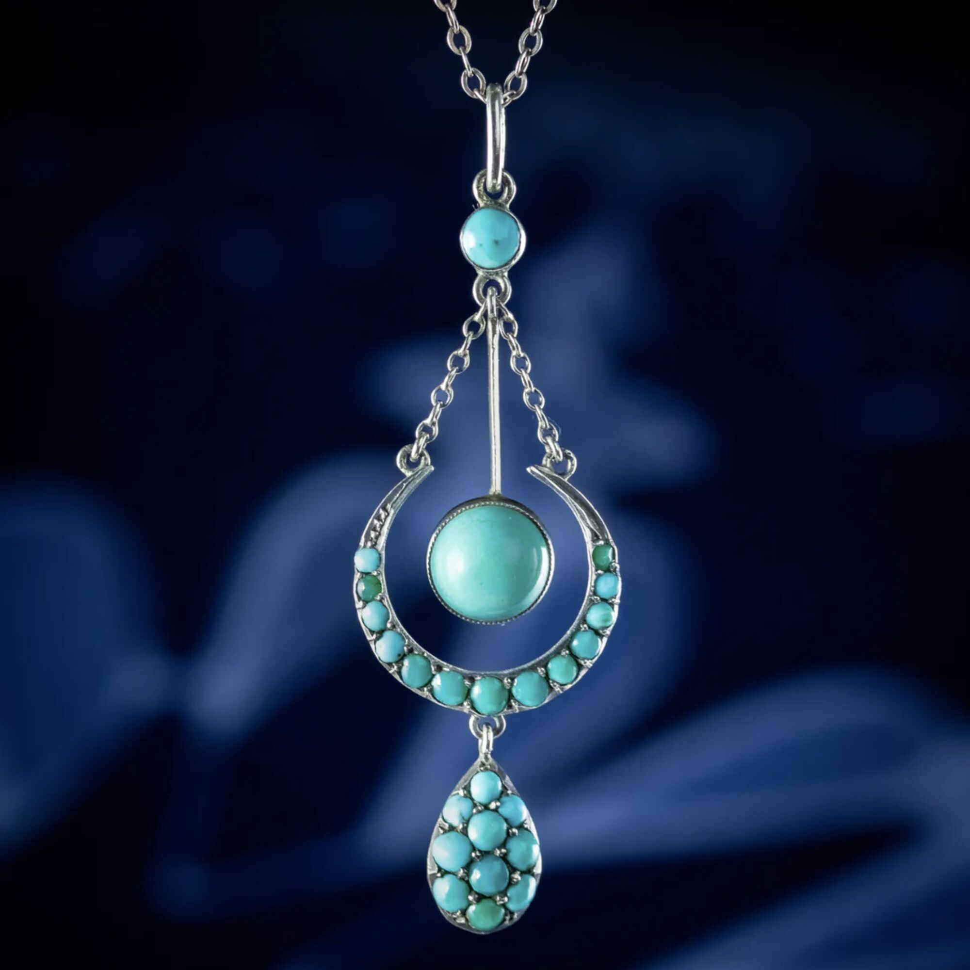 Antique Victorian Turquoise Crescent Pendant Necklace Silver