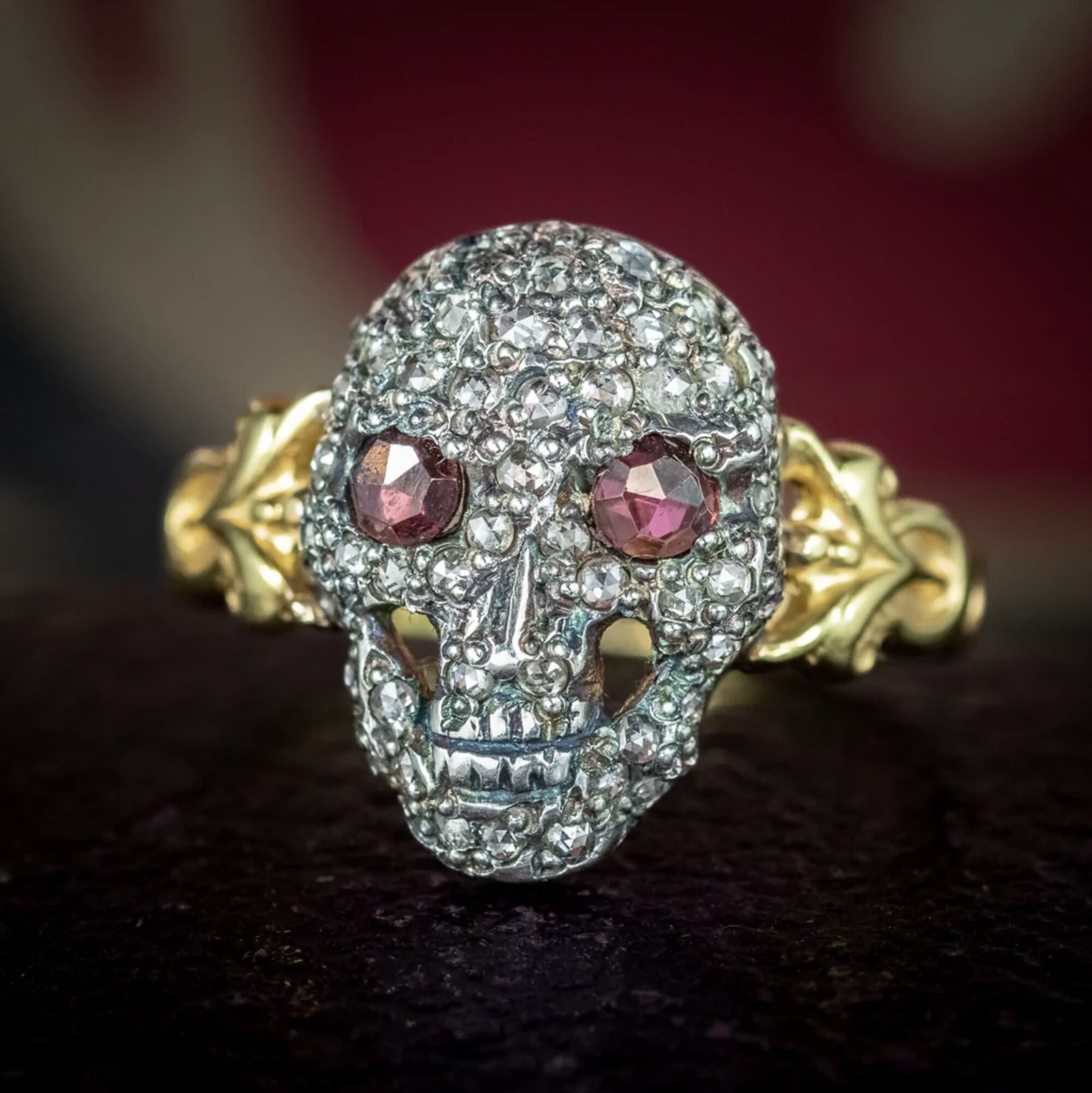 Georgian Style Memento Mori Diamond Skull Ring With Ruby Eyes