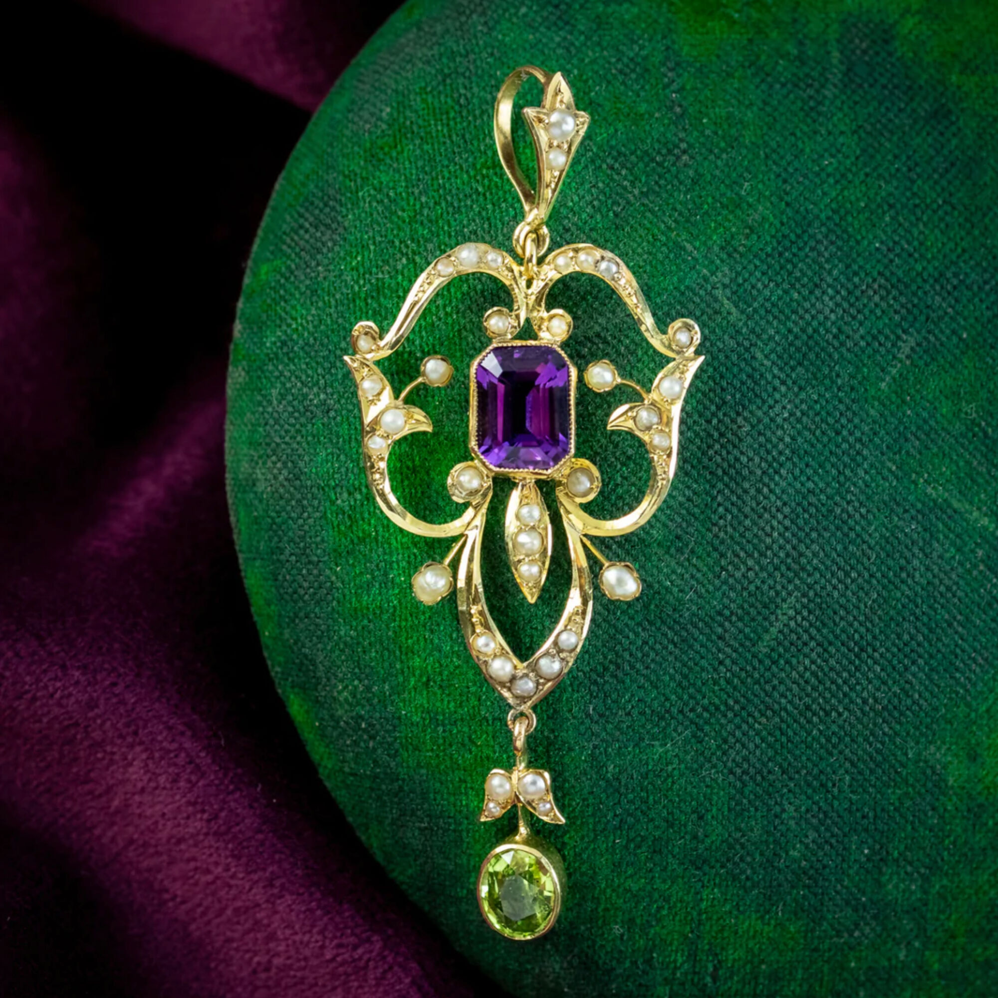 Antique Edwardian Suffragette Pendant 9Ct Gold Amethyst Peridot Pearl Circa 1910