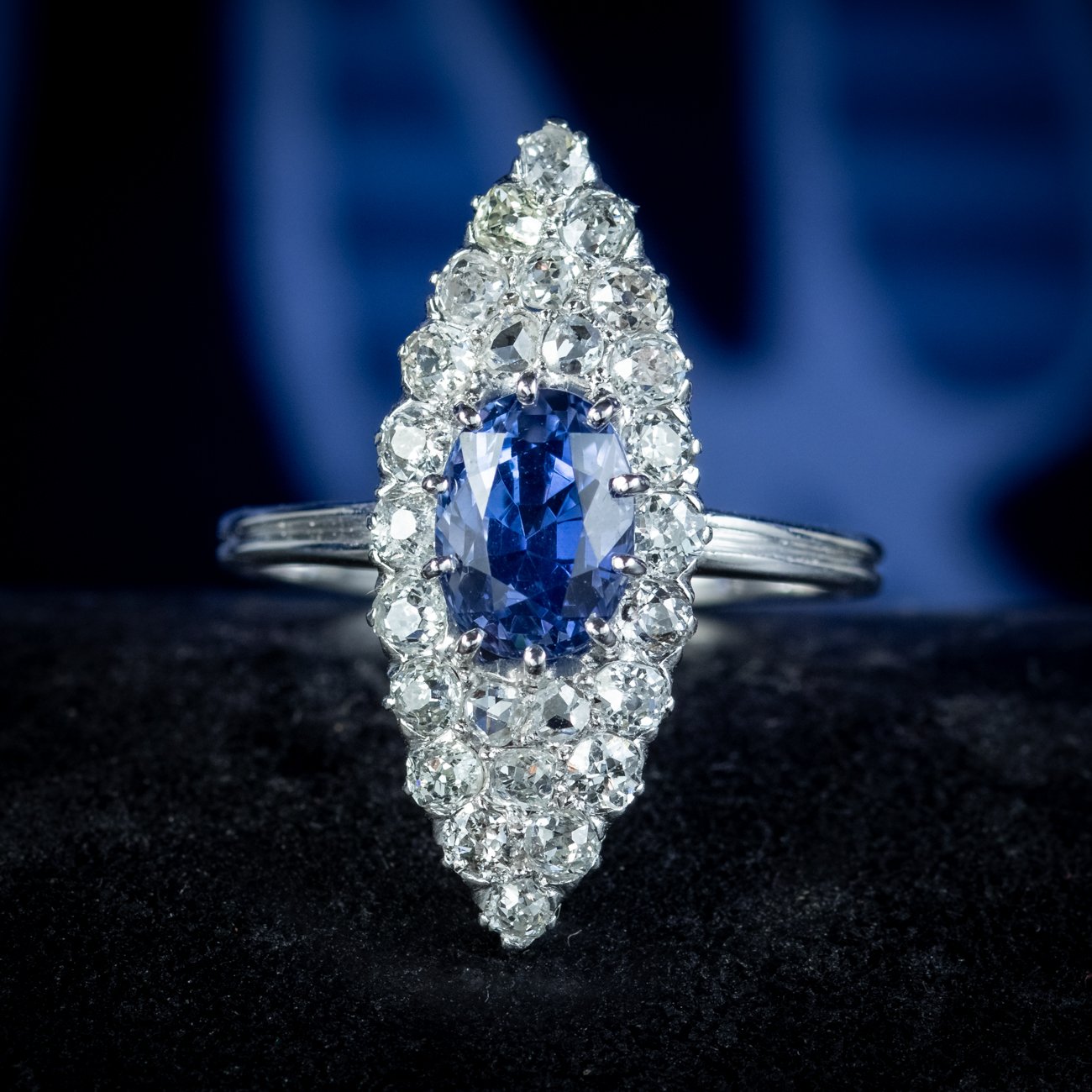 Antique Art Deco Sapphire Diamond Navette Ring 1.75ct Sapphire