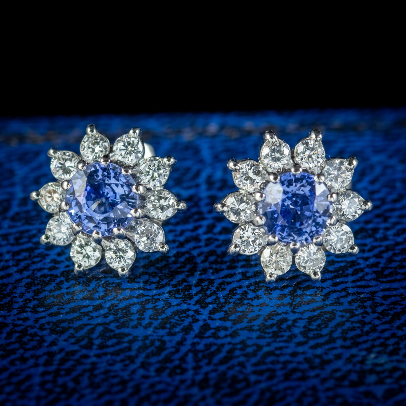 Edwardian Style Ceylon Sapphire Diamond Flower Stud Earrings Platinum 0.80ct Sapphires 1.20ct Of Diamond