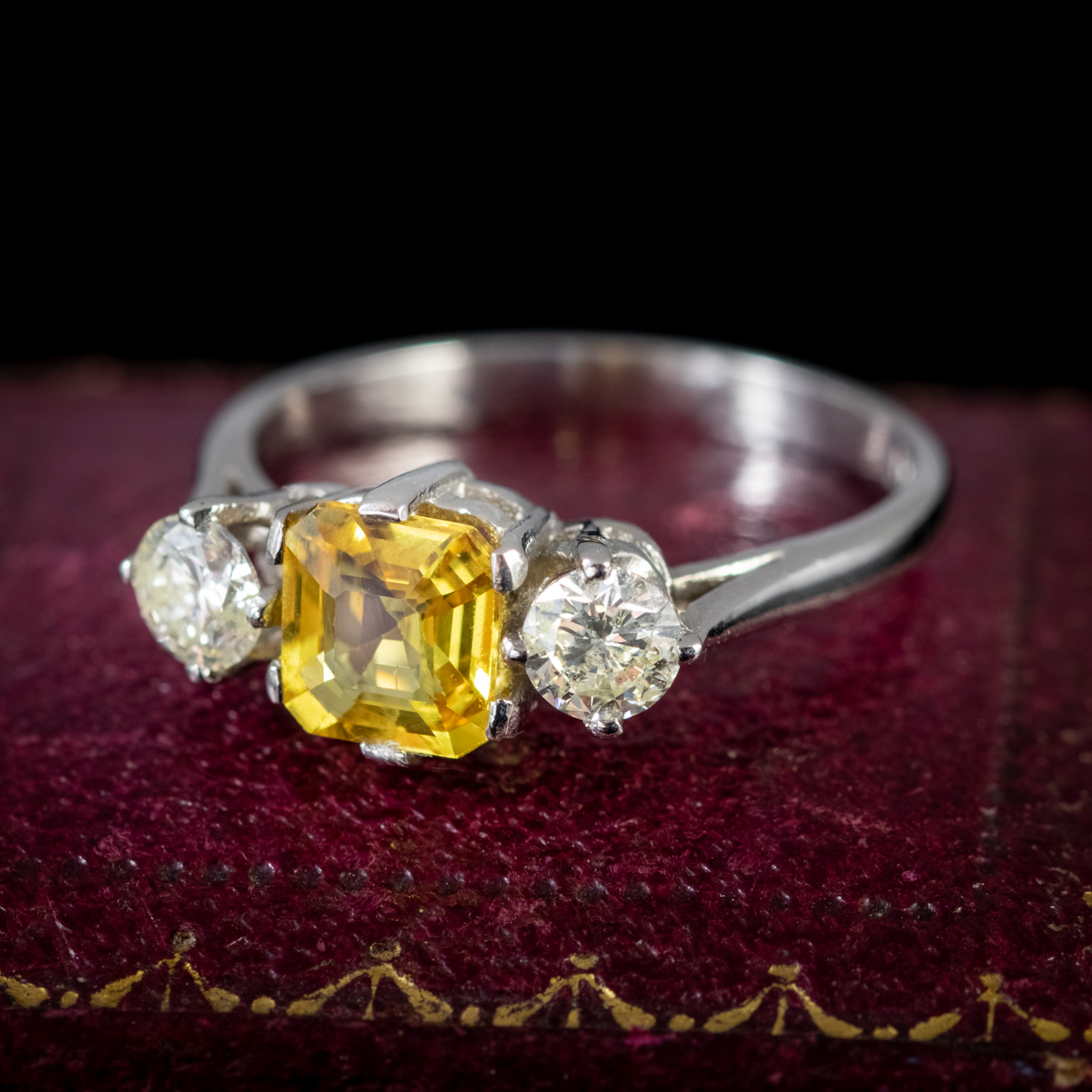 Art Deco Style Yellow Sapphire Diamond Trilogy Ring Platinum 1.45ct Sapphire