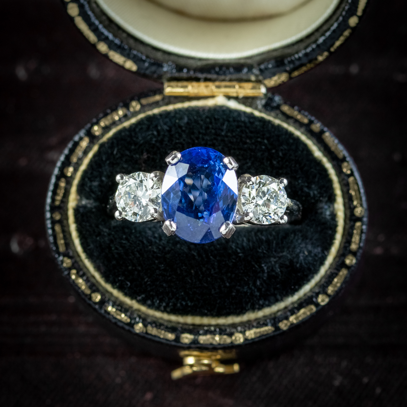 Edwardian Style Sapphire Diamond Trilogy Ring Platinum 3.38ct Sapphire 1.20ct Of Diamond