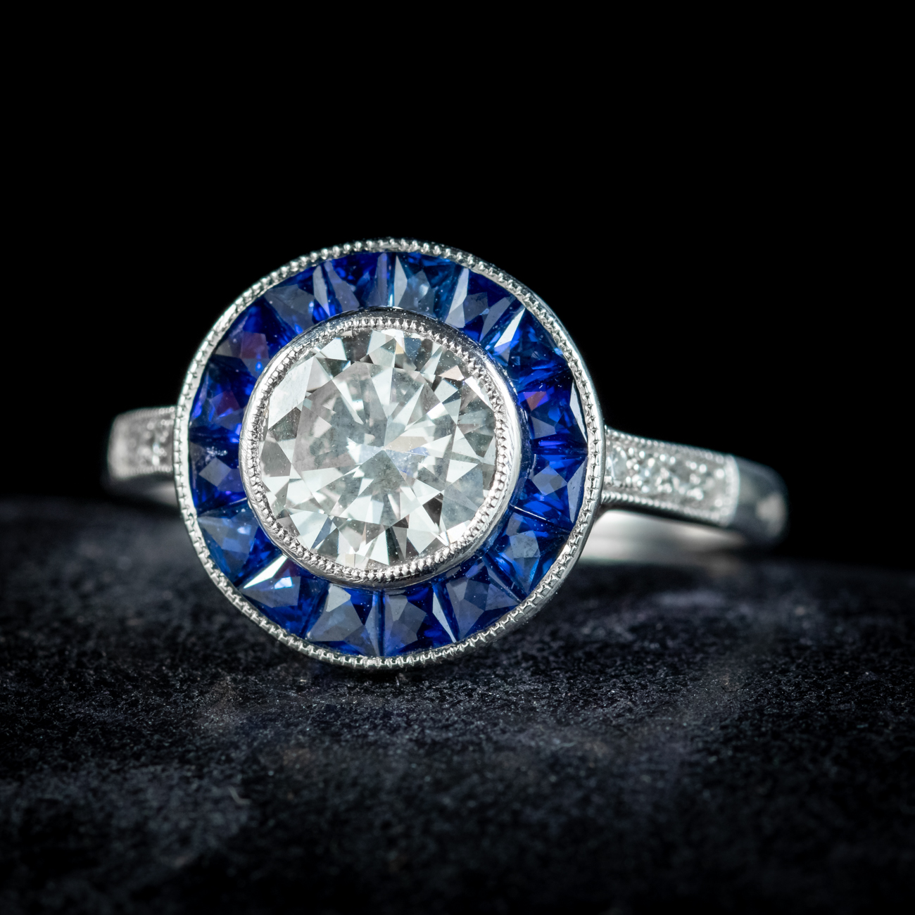 Art Deco Style Diamond Sapphire Target Ring 1.40ct Diamond