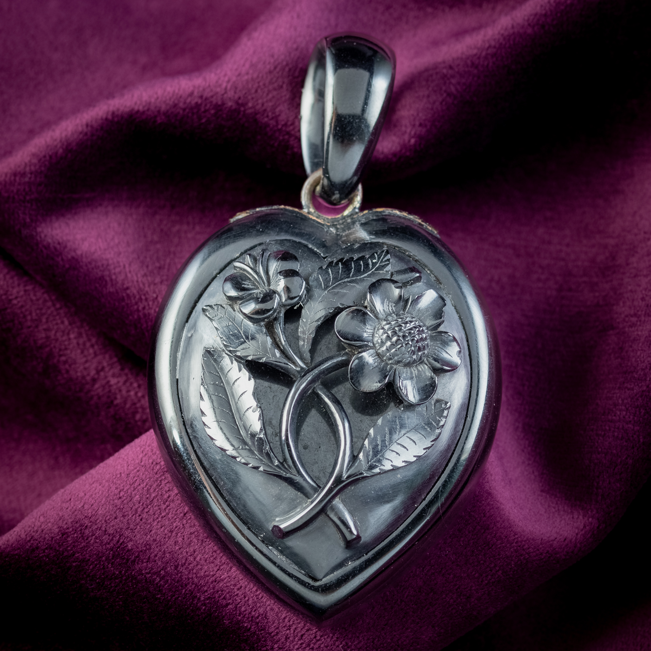 Antique Victorian Whitby Jet Floral Heart Pendant