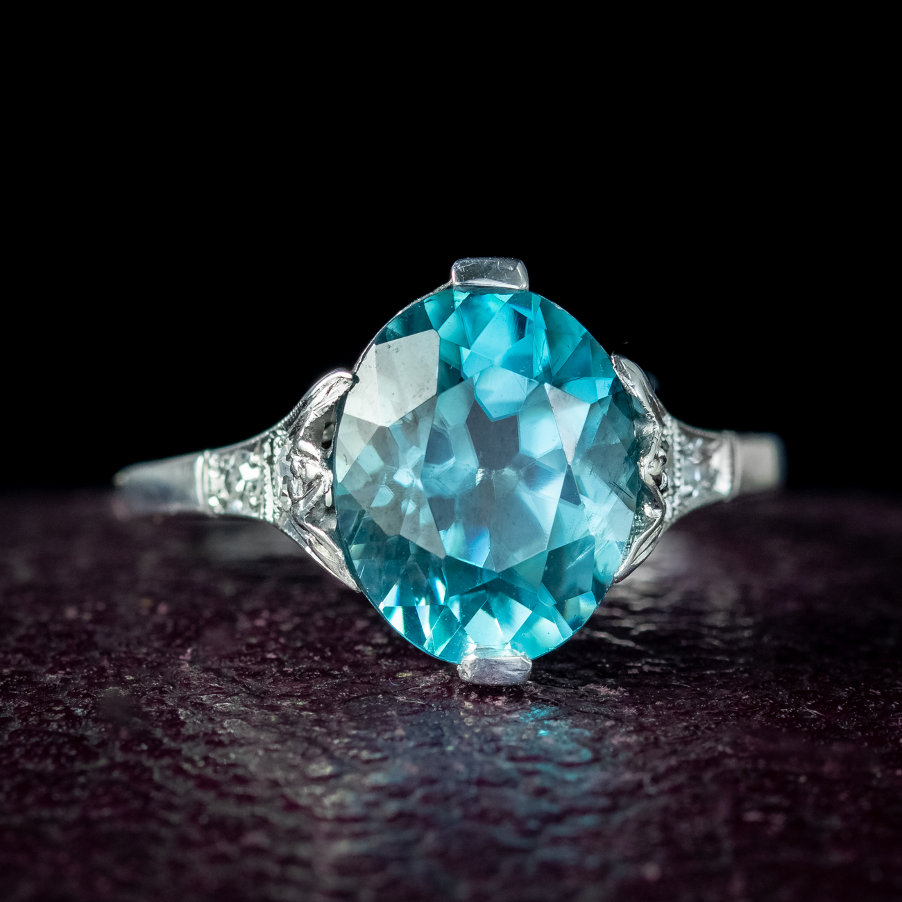 Art Deco Blue Zircon Diamond Ring 18Ct White Gold 4.43Ct Zircon Circa 1920