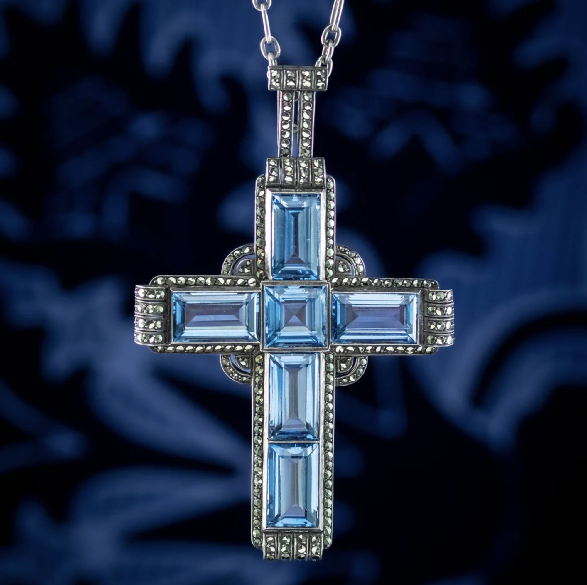 Antique Art Deco Blue Topaz Marcasite Cross Pendant Necklace By Theodor Fahrner