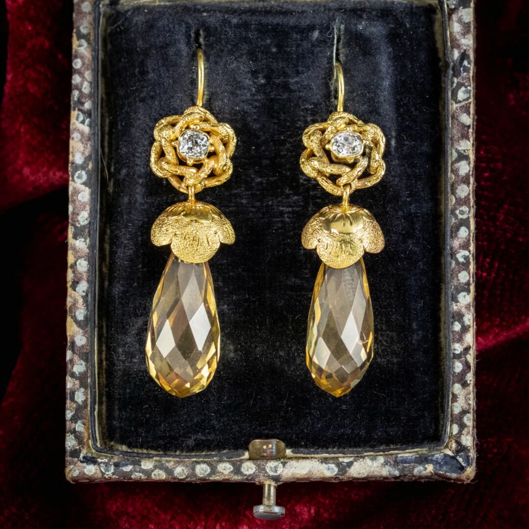 Antique Victorian Citrine Diamond Drop Earrings 18ct Gold