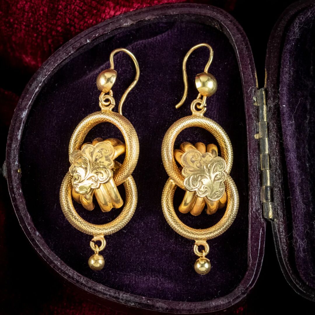 Antique Victorian Etruscan Love Knot Drop Earrings 15ct Gold