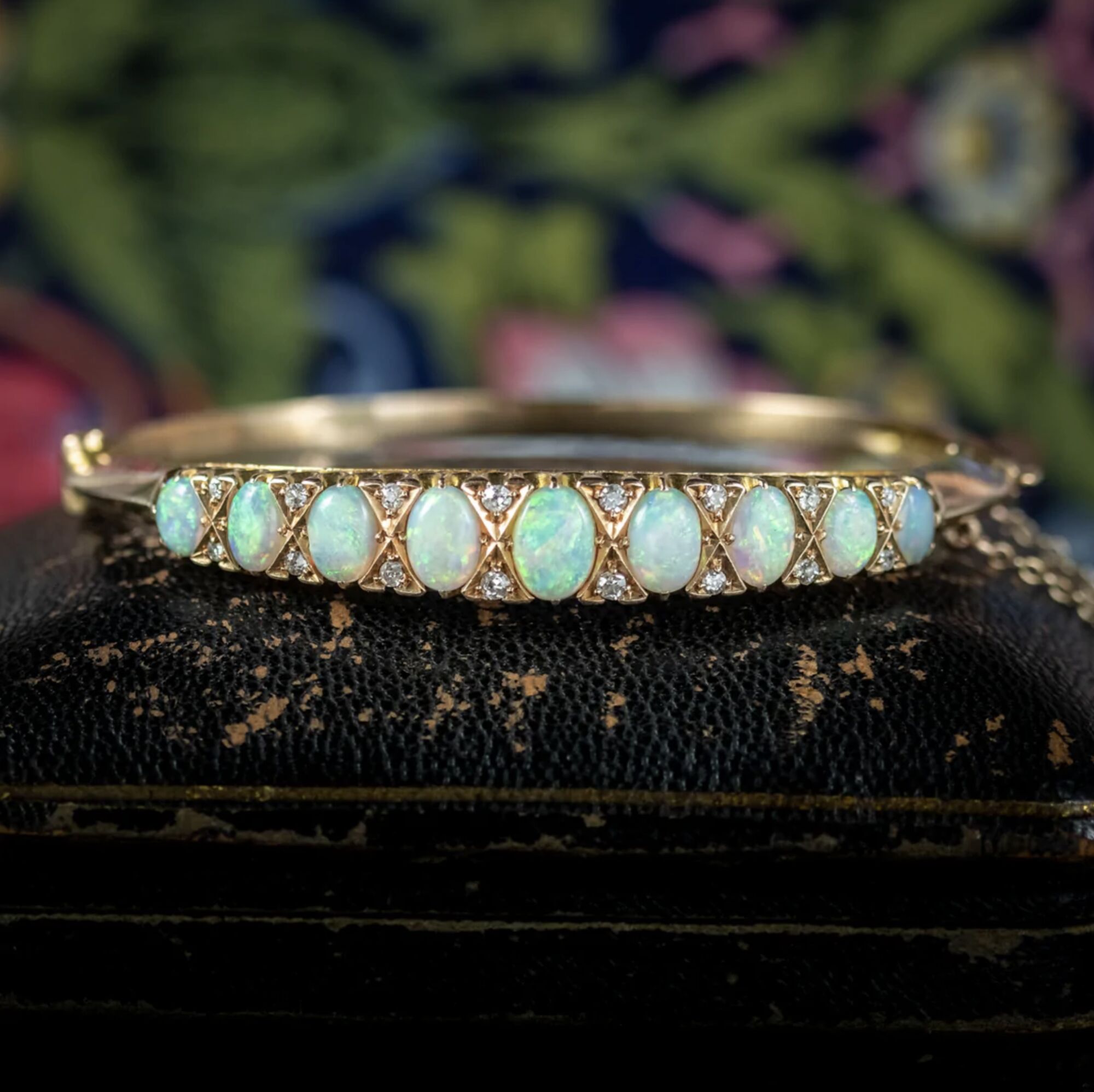 Antique Edwardian Opal Diamond Bangle 15ct Gold Dated 1911