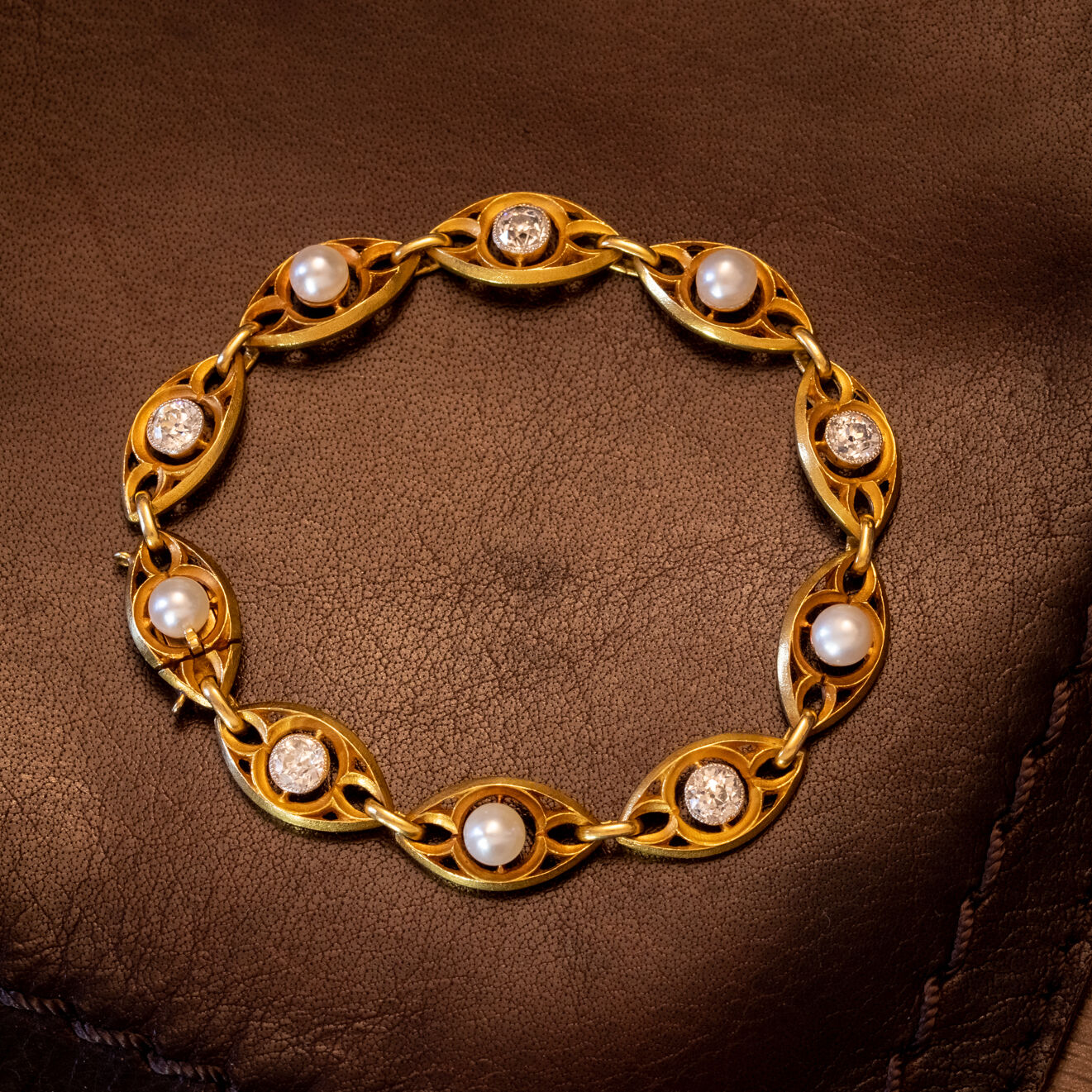 Antique Victorian Art Nouveau French Diamond Pearl Bracelet 18ct Gold 3ct Of Diamond Circa 1900
