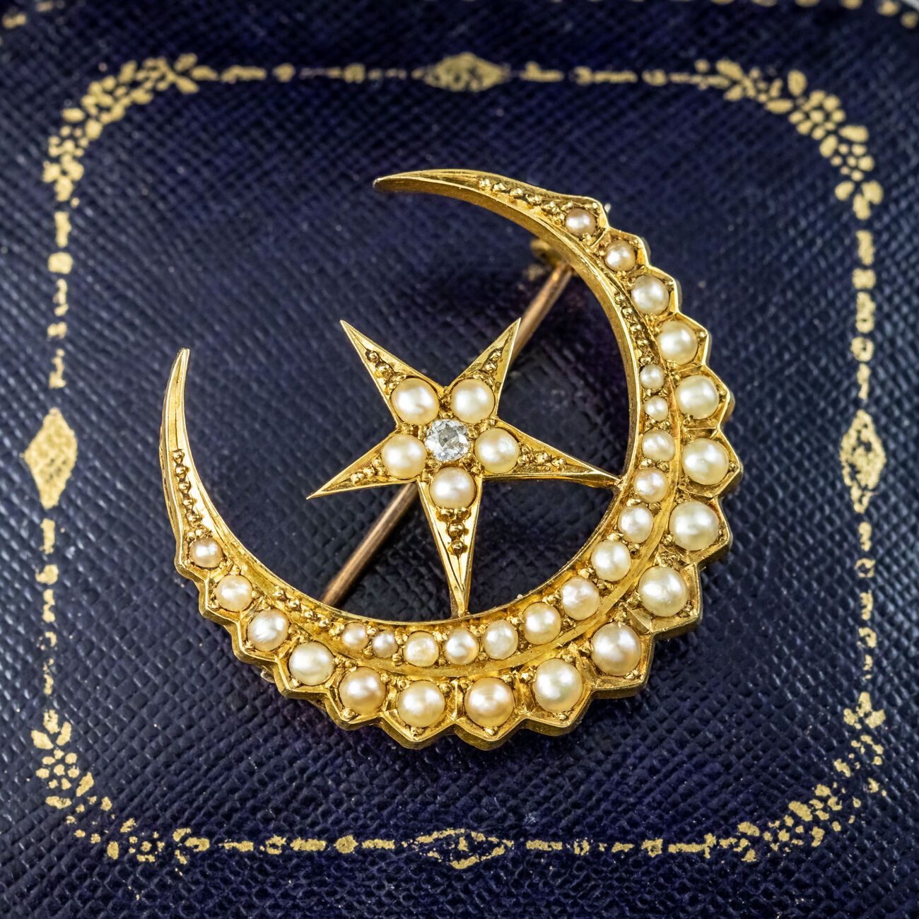Antique Victorian Pearl Diamond Crescent Moon And Star Brooch 18ct Gold