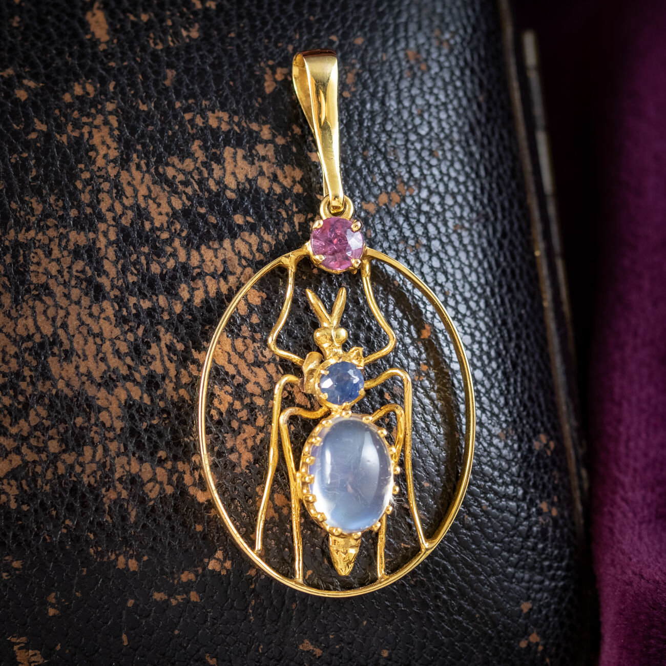 Antique Victorian Moonstone Amethyst Sapphire Insect Pendant 15ct Gold