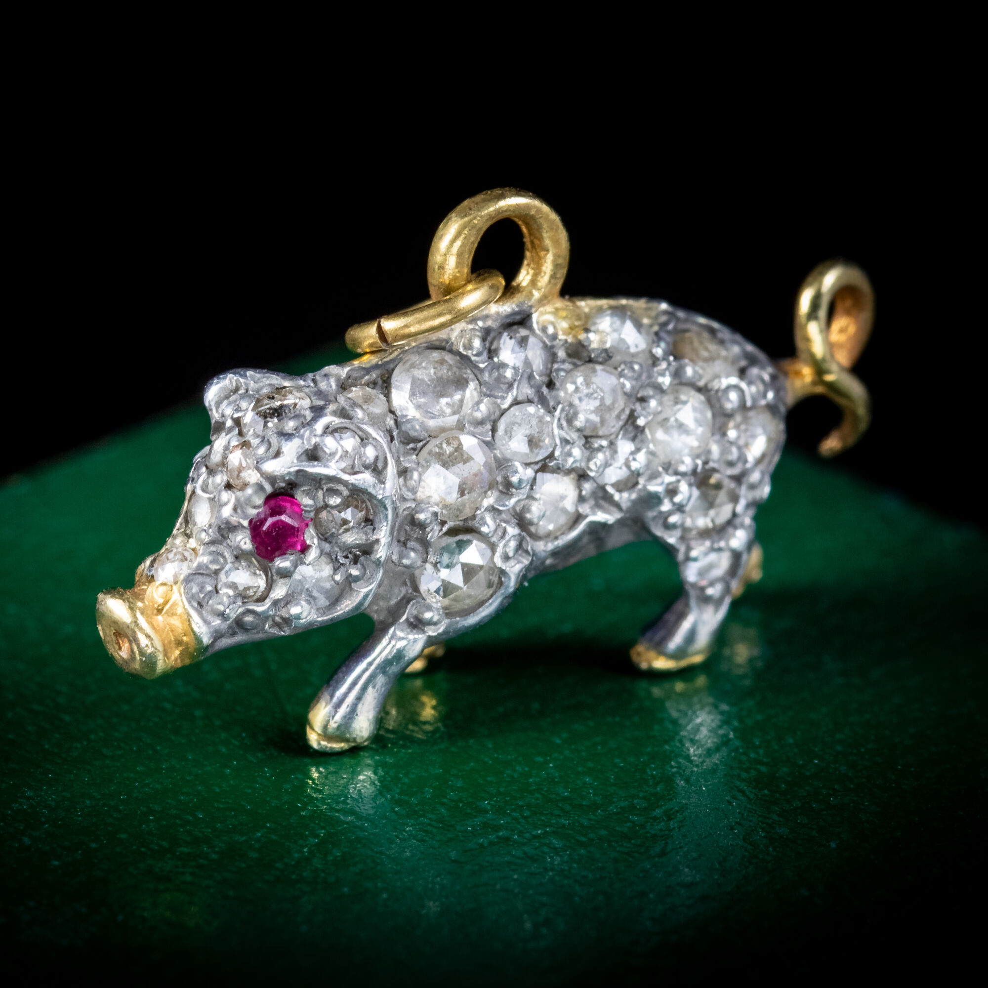 Victorian Style Rose Cut Diamond Pig Pendant Ruby Eyes 1.50Ct Of Diamond