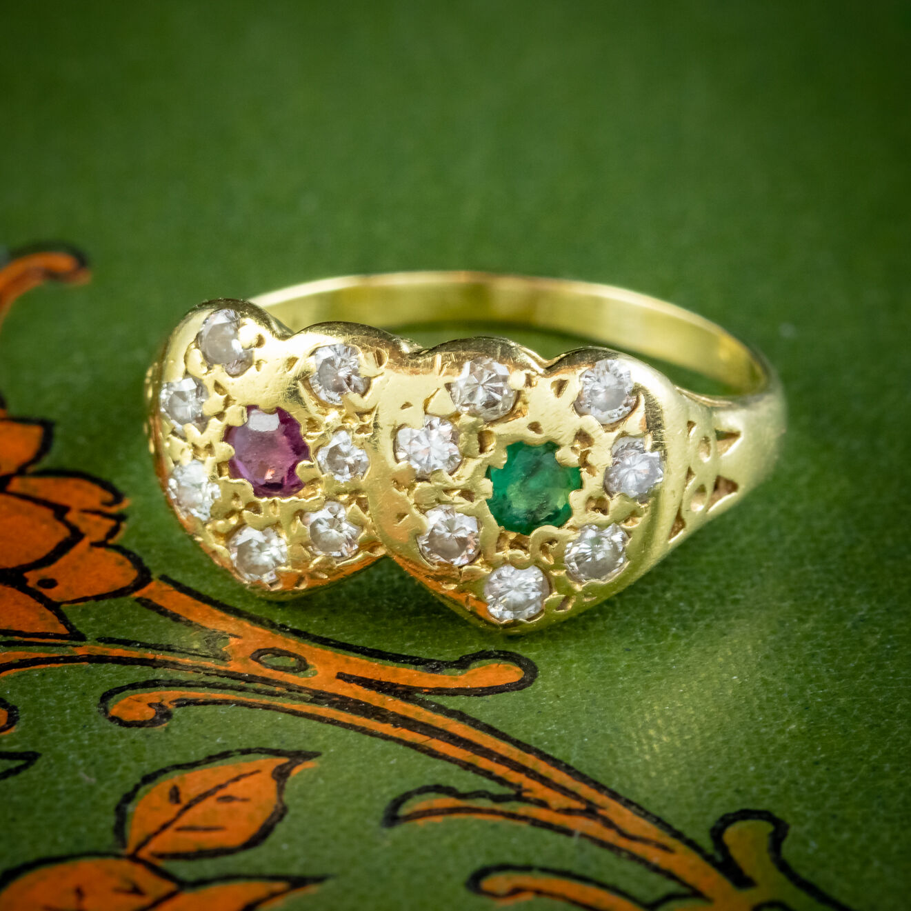 Vintage Ruby Emerald Diamond Double Heart Ring 18ct Gold Dated 1979