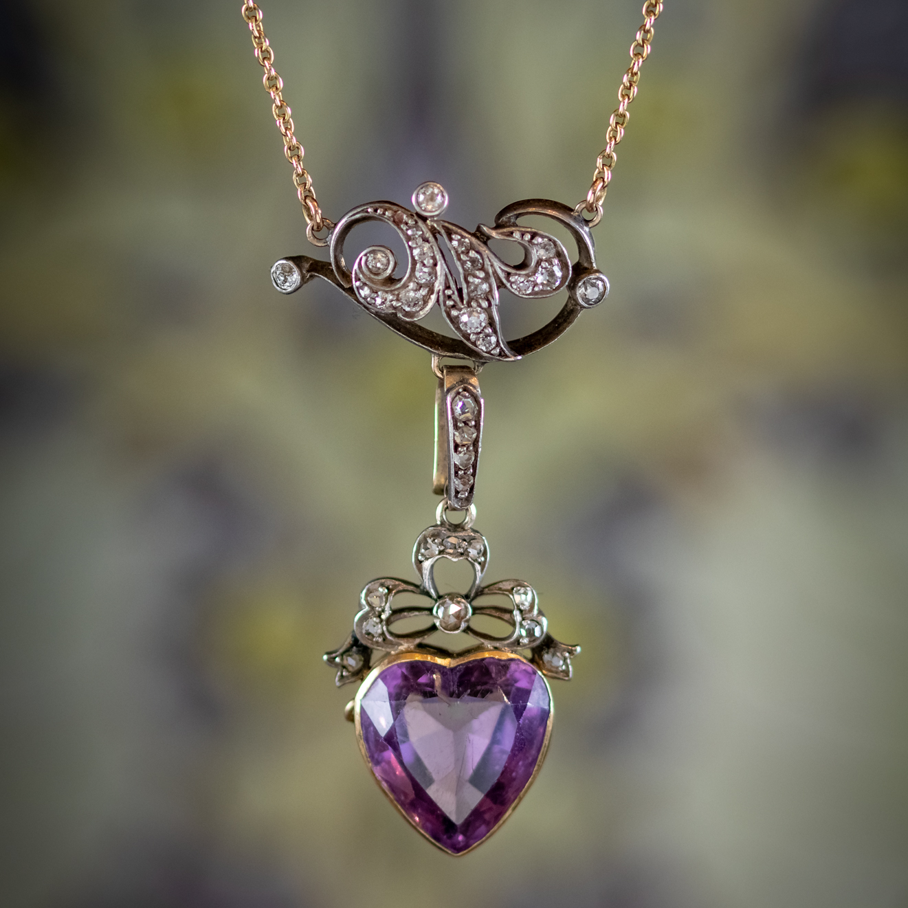Antique Victorian Diamond Pearl Amethyst Heart Pendant Necklace