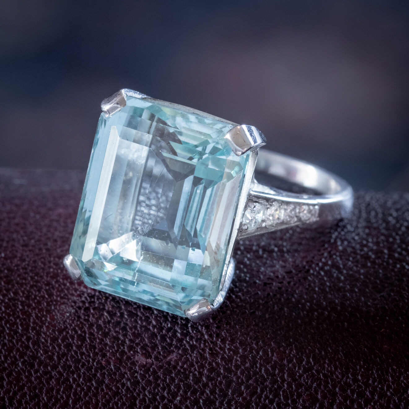 Art Deco Aquamarine Diamond Cocktail Ring 18ct White Gold Circa 1930