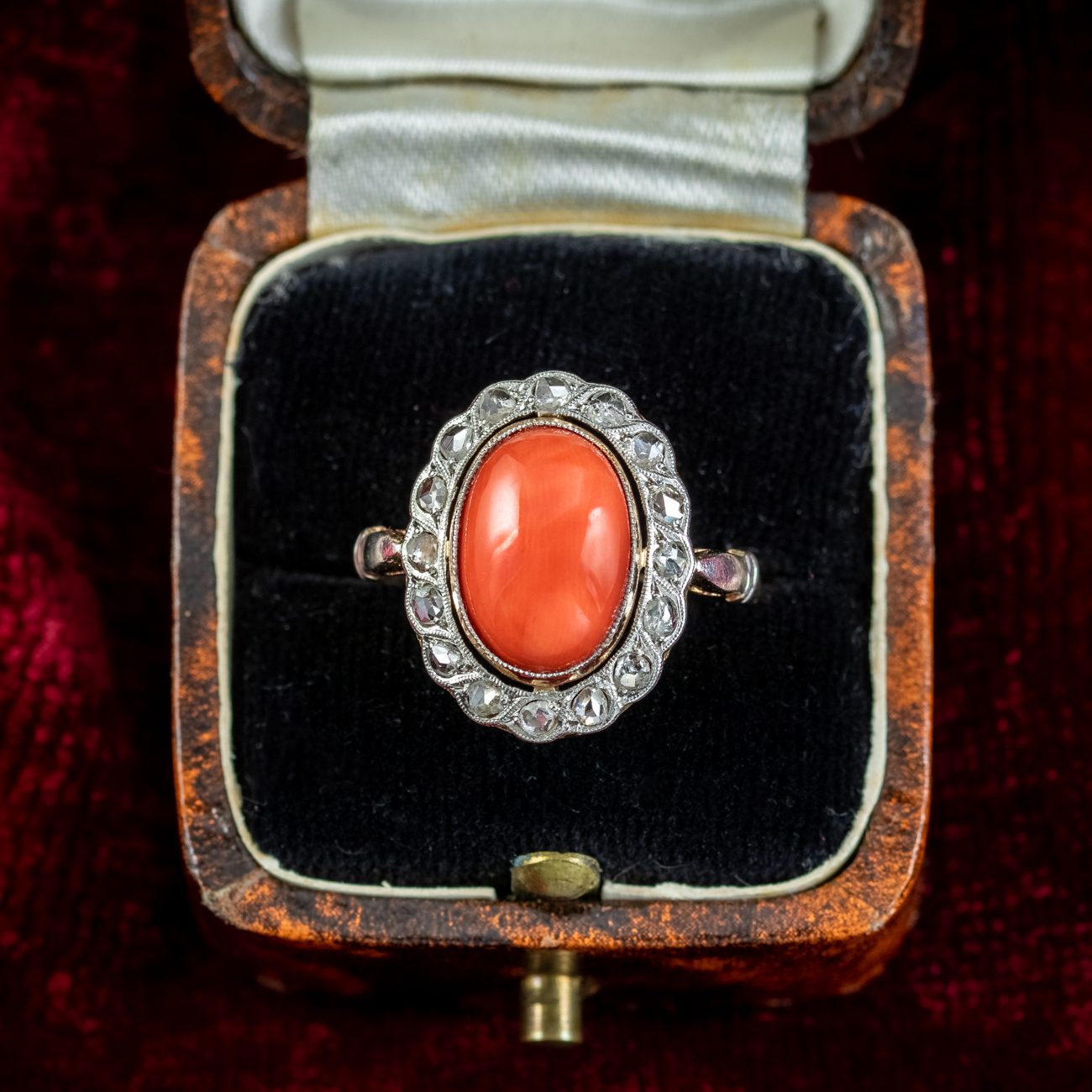 Antique Edwardian Coral Diamond Cluster Ring