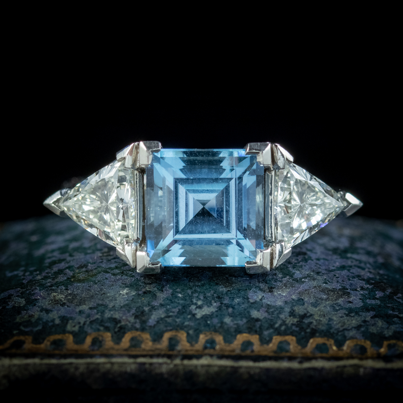 Vintage Aquamarine Diamond Trilogy Ring 3ct Aqua