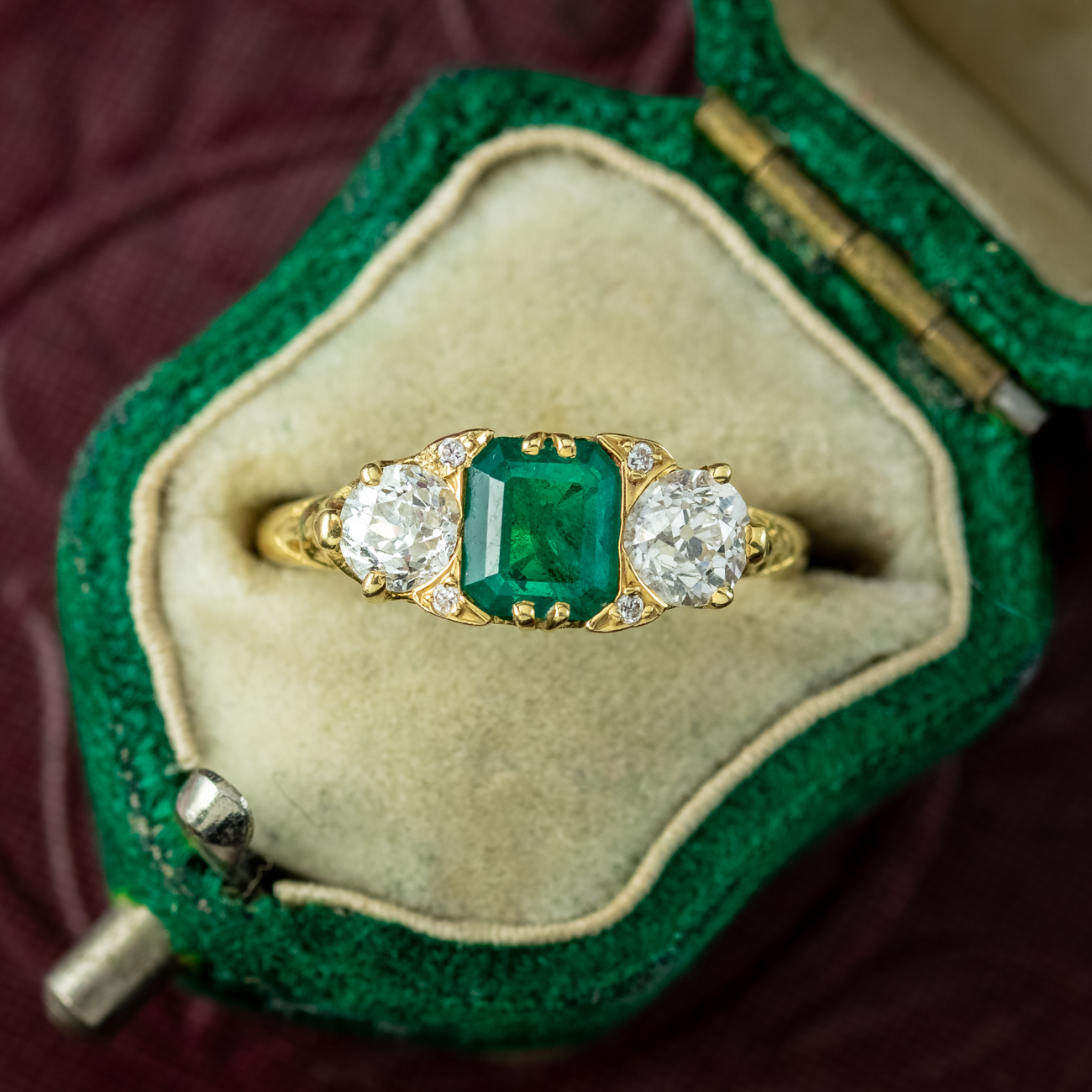 Antique Victorian Emerald Diamond Trilogy Ring 0.95ct Emerald