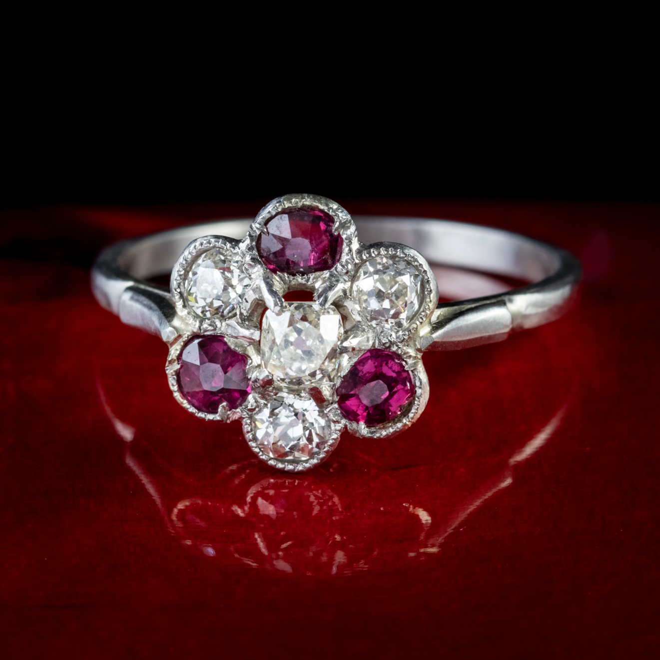 Antique Edwardian Ruby Diamond Cluster Ring Platinum Circa 1915