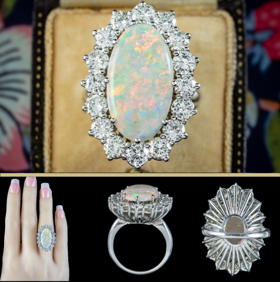 Vintage Opal Diamond Cocktail Ring 12ct Opal 4ct Diamond