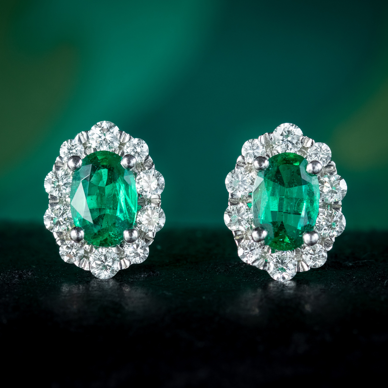 Vintage Emerald Diamond Cluster Stud Earrings 1.32ct Of Emerald