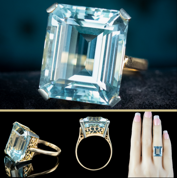 Antique Art Deco Aquamarine Cocktail Ring 20ct Aqua