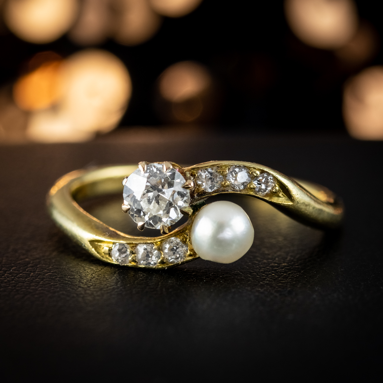 Antique Edwardian Toi Et Moi Diamond Pearl Twist Ring 0.45ct Diamond