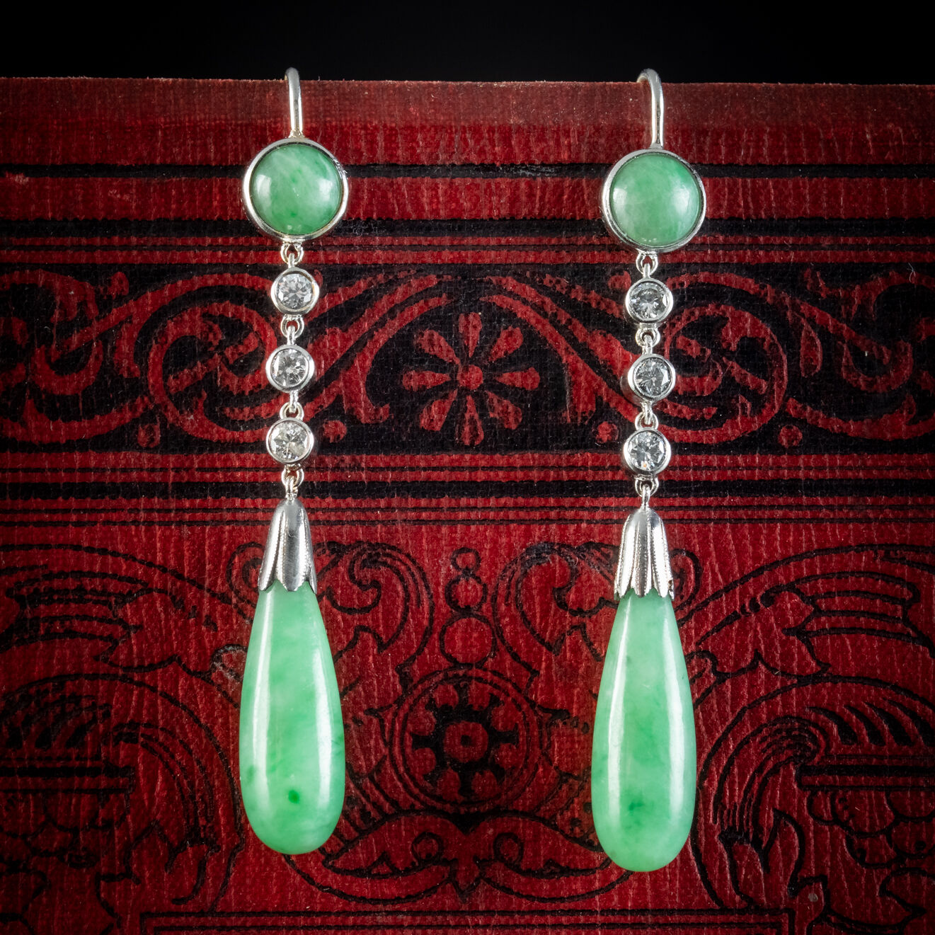 Antique Edwardian Jade Diamond Drop Earrings Platinum Circa 1915