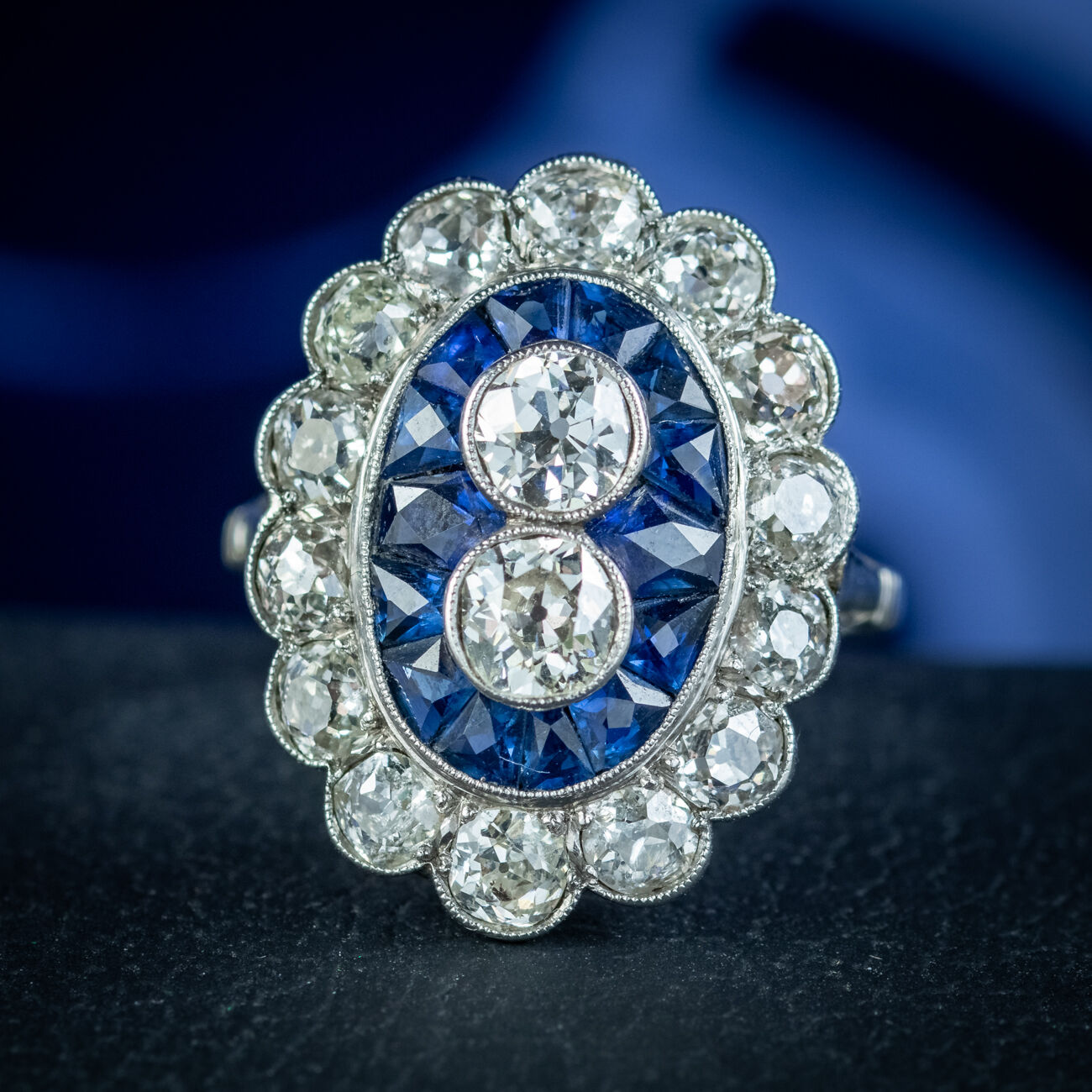 Art Deco French Sapphire Diamond Ring 3.20ct Of Diamond Circa 1920 Boxed