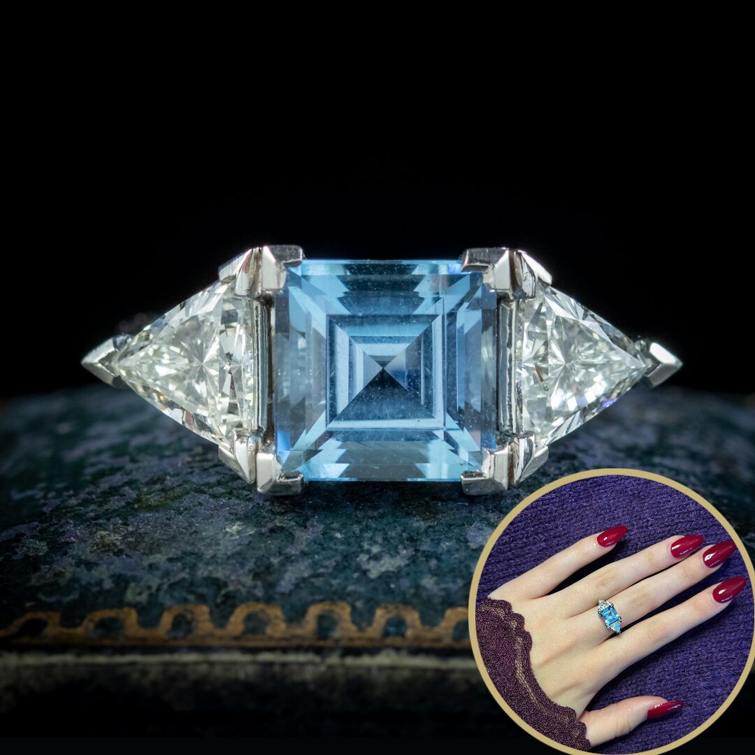 Vintage Aquamarine Diamond Trilogy Ring 3ct Aqua