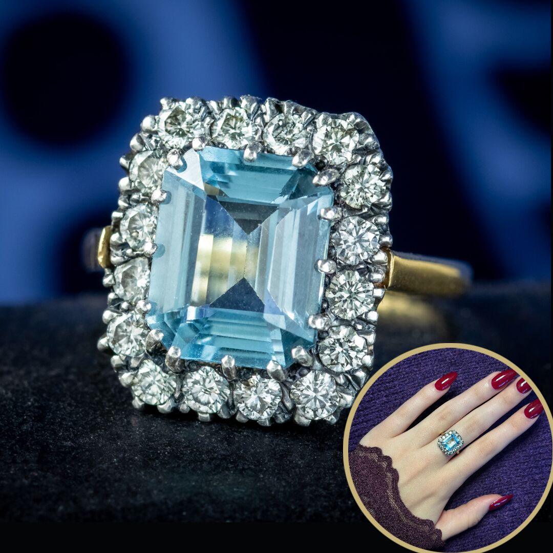 Antique Edwardian Aquamarine Diamond Cluster Ring 4ct Aqua