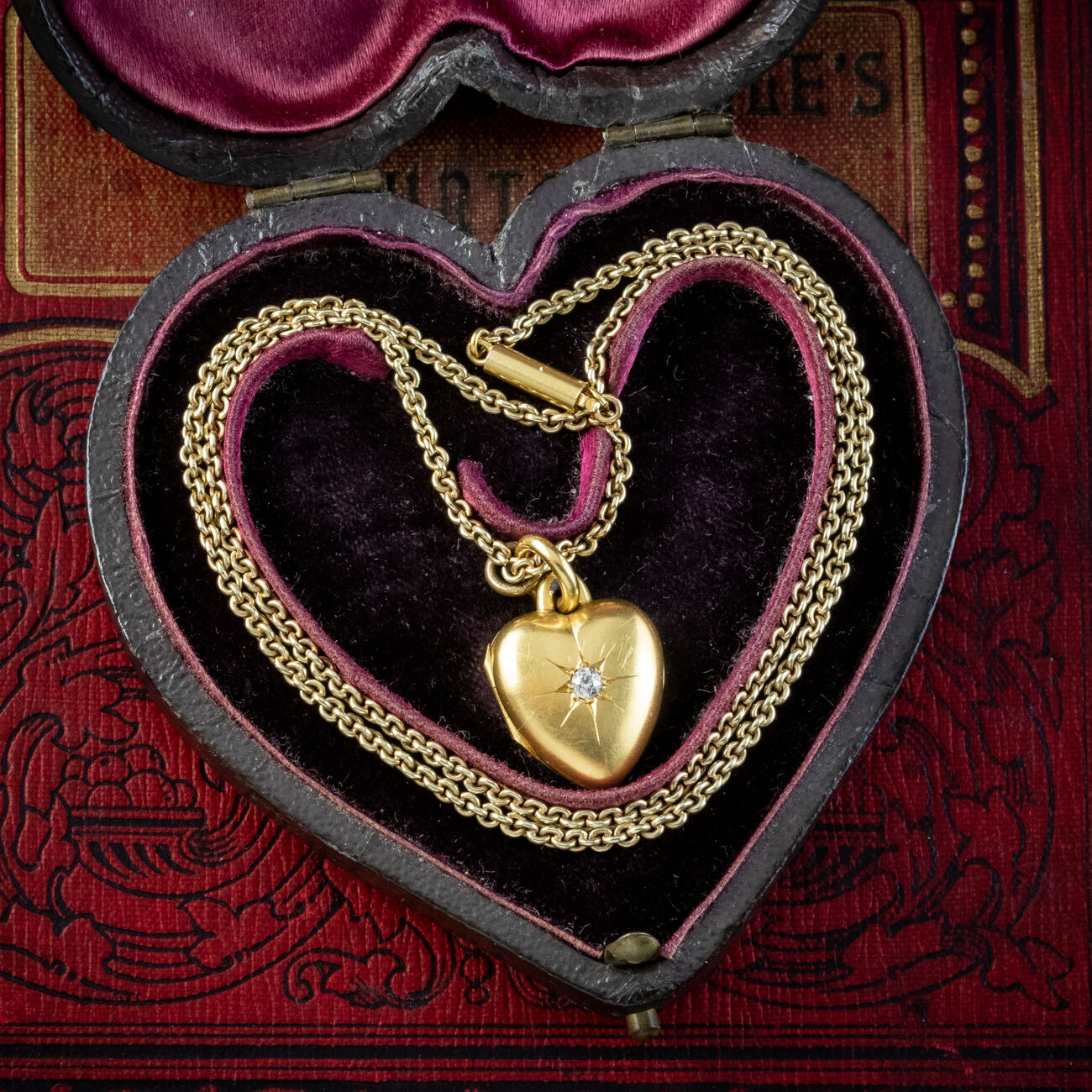 Antique Victorian Diamond Heart Locket Necklace With Heart Box Dated 1876