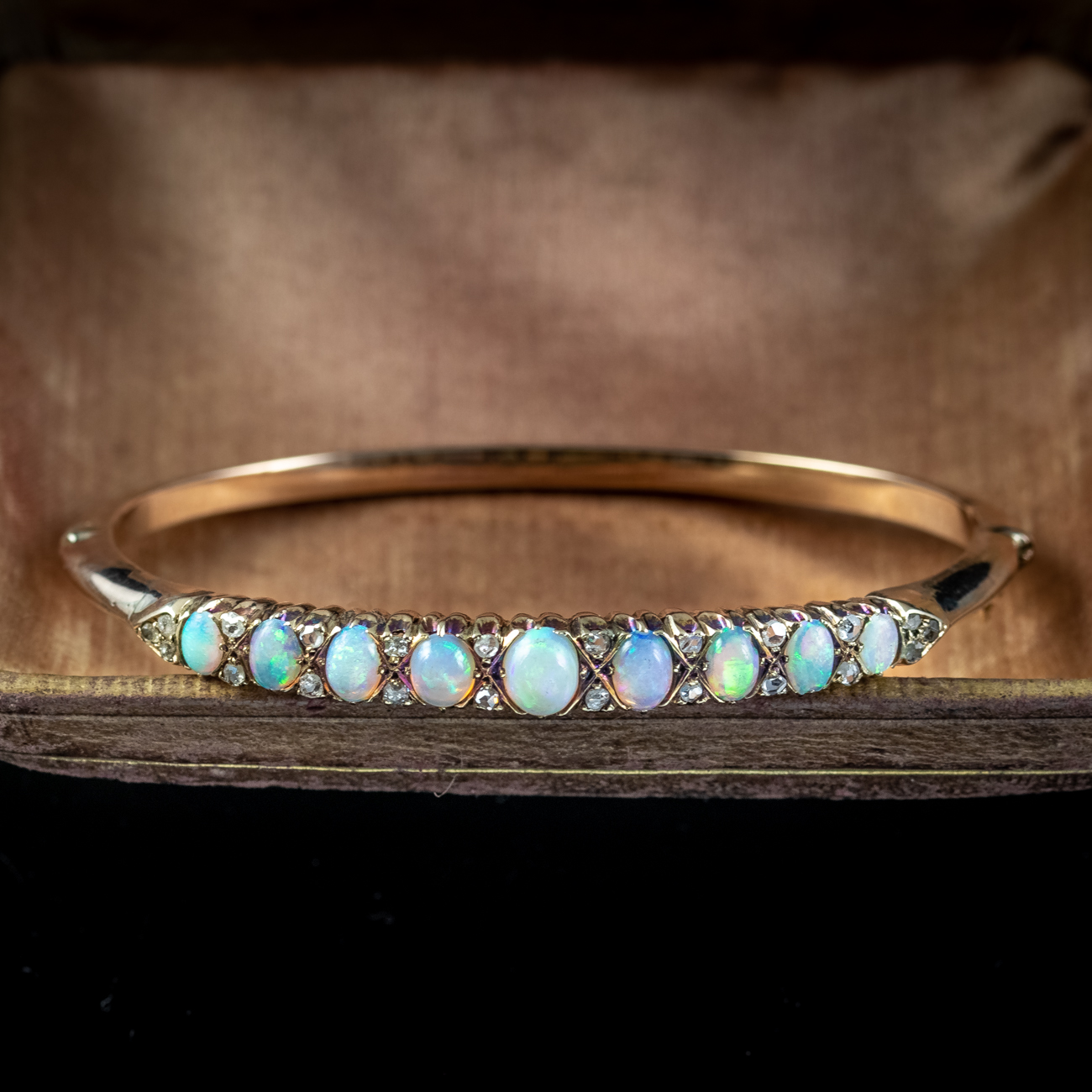 Antique Victorian Opal Diamond Bangle 9ct Gold 2.6ct Of Opal