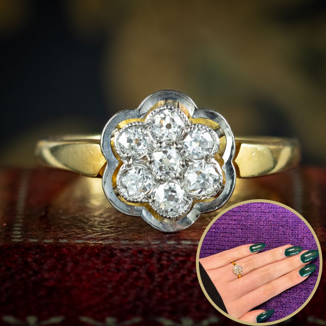 Vintage Diamond Cluster Flower Ring 18Ct Gold Dated 1980